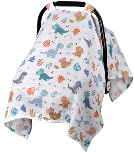 Rquite Autositzbezug für Babys, Musselin, für Jungen und Mädchen, weich, atmungsaktiv, für den Sommer, leichte Babytrage, passend für heiße Sommertage/warmes Wetter (bunte Dinosaurier)