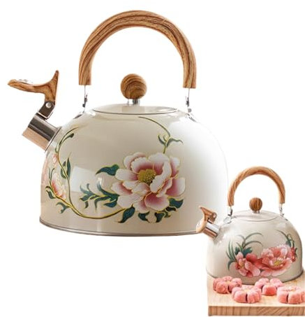 Trveqhk Hervidor de té floral – vintage, de agua silbante floral de 3 litros con asa para estufa, hogar, cocina, Año Nuevo