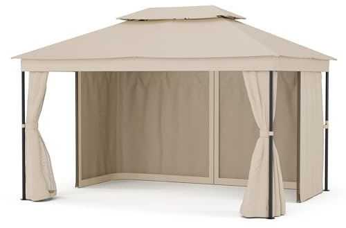 blumfeldt Mondo Dual Tonnelle 3x4 - Double Toit & Moustiquaires, Armature Métallique Résistante, Rideaux Inclus, Tonnelle de Jardin, Facile à Assembler, Beige