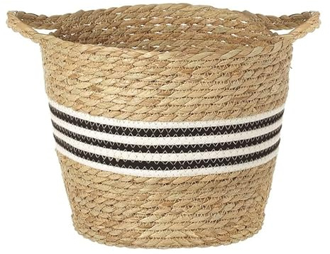 B4E Natural Jute Storage Basket with Black and White Stripes, Decorative Woven Planter Pot, Multi-Purpose Laundry Organiser