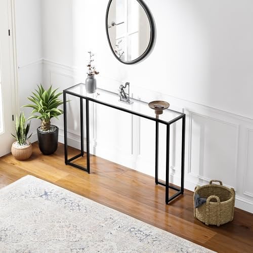 [en.casa] Konsolentisch schmal Ouby Flurtisch mit Glasplatte rechteckig Ablagetisch Regal Metall 120 x 25 x 73 cm Schwarz