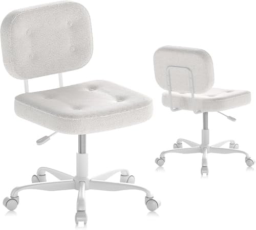 AnyGod Schreibtischstuhl ohne Armlehne, Kompakter Drehstuhl mit Rollen & Höhenverstellbar, Ergonomischer Computerstuhl für kleine Räume & Schminktisch, Teddy-Stoff Weiß