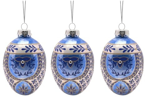 Widdop Set of 3 Blue & White Painted Glass Baubles – Elegant Chinoiserie-Inspired Egg Ornaments for a Sophisticated Christmas Tree Display