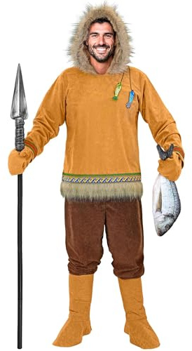 W WIDMANN MILANO Party Fashion - Inuit Kostüm Herren | 4-teiliges Set, Oberteil mit Kapuze, Hose, Handschuhen und Stiefelüberziehern, für Karneval und Mottoparty