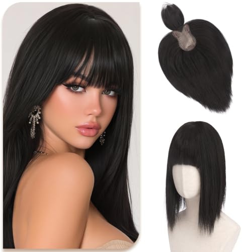 Sofeiyan Haar Toppers für Frauen,30 cm Glattes Clip in Haar-Topper mit Pony,Natürliches Schwarz & Dunkelbraun 62 g Synthetische Haarteile für Dünnes,Realistische Kopfhaut Haarstücke Geeignet Kahl