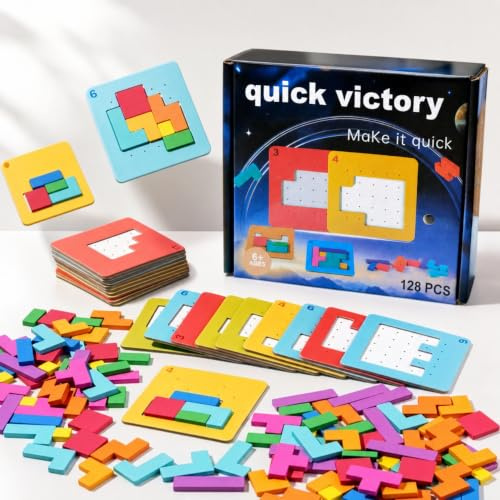 Techspace 128Pcs Wooden Block Stacking Games Fast-Paced Building Block Game Play for Party Game Night, Classroom, 1 to 6 Players, Speed Matching Challenging Board Games for Kids Ages 6+