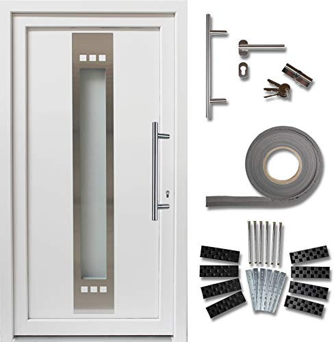 kuporta Kunststoff Haustür Lugana Türen 108 x 208 cm DIN rechts weiß mit Stoßgriff-Set Montageset Fugendichtband