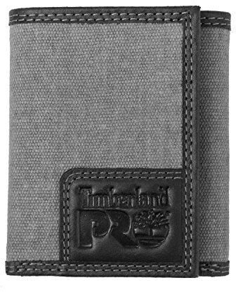 Timberland PRO Men's Canvas Leather RFID Trifold Wallet with Zippered Pocket, Charcoal, One Size