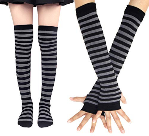 Bienvenu Damensocken, gestreift, kniehoch, Armwärmer, fingerlose Handschuhe, GRAU, Einheitsgröße