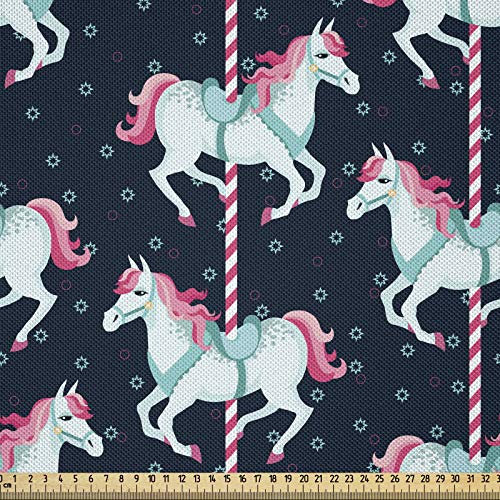 ABAKUHAUS Baby Stoff als Meterware, Karussell Pferde Kinder, Seidiger Satin Stoff für Polster Heimtextilien, 1M (148x100cm), Hellblau Indigo Rosa