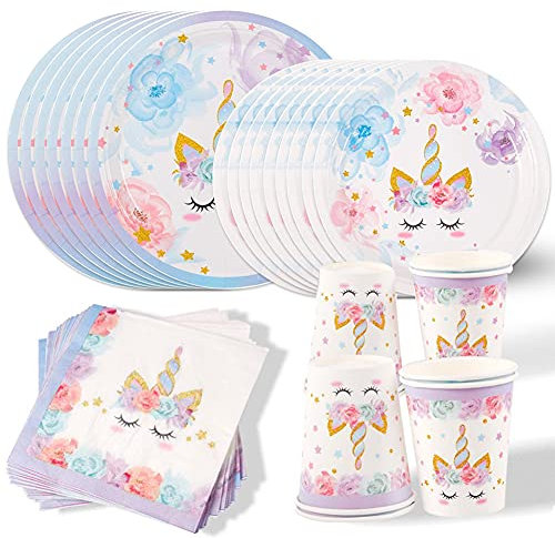 Amycute Unicorno Party Kit Compleanno, Unicorno Piatti Bicchieri Tovaglioli per Bambini Ragazze Festa di Compleanno Baby Shower