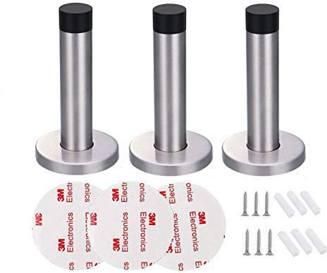 Dproptel Adhesive Mounted Door Stop Chrome Silver Heavy Duty Doorstop Stainless Steel Door Stopper with Bumper Rubber Buffer - 3 Pack (9.5cm)