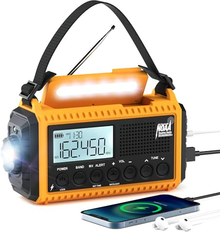 radio meteorológica de emergencia NOAA, solar de manivela, portátil con batería y onda corta AM FM, cargador USB, linterna LED, reloj, alerta SOS para el hogar, al aire