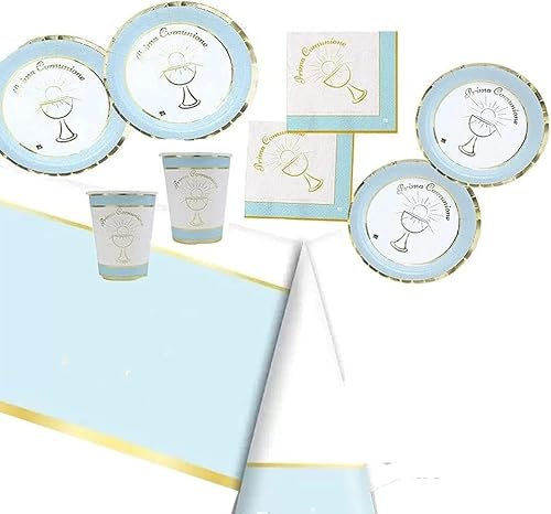 Kit n.42 Prima Comunione Chic Celeste Coordinato tavola Festa eucarestia Sacramento Bambini Ostia Calice per Buffet a casa