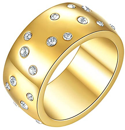 PAMTIER Damen Edelstahl Eternity Statement Starry Ring mit Cubic Zirkonia 10MM Breiter Ehering Gold Größe 60