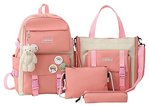 Ykop SchulrucksackSet Rucksack Für Schule Süßer Schulrucksack Mädchen Teenager Büchertasche Kawaii Schultasche Schulranzen Kinder Sommer Oder Die Schule, Rosa, 31 x 44 x14 cm