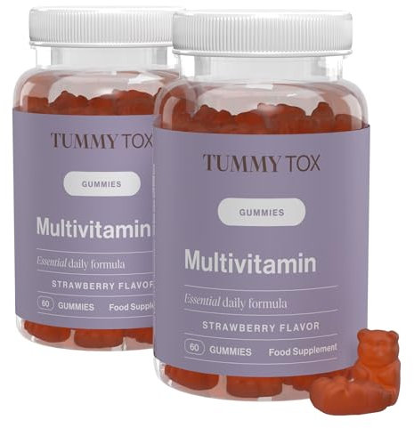 Gummies Multivitaminés et Minéraux | Biotine, Acide Folique, Vitamine C, Vitamine E et 6 Autres Micronuriments | 120 Gummies | Goût de fraise | Tummy Tox