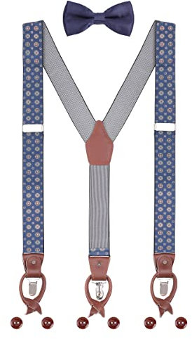 Herren Hosenträger Fliege Set 2 WAY TO WEAR 6 Leder Knopfloch 3 Clips Y-Form 3,5cm Breit Verlängerte Hosenträger für Körpergröße 160-200cm - Dunkelblau Punkte Pattern