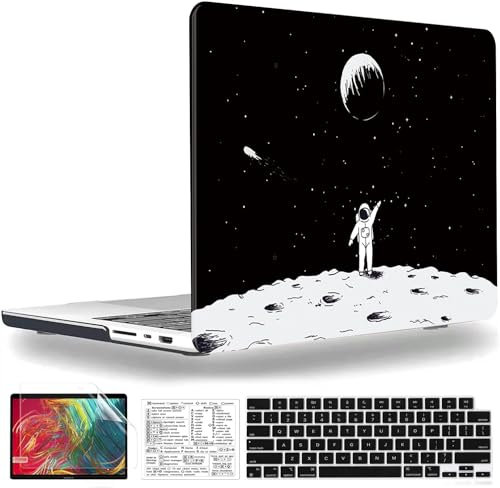 Kompatibel mit MacBook Pro 14 Zoll Hülle 2021 2022 Release A2442 M1 Pro/Max Durable Hard Plastic Shell Case & Keyboard Cover & Mac OS Keyboard Sticker (Astronaut&Moon 1)