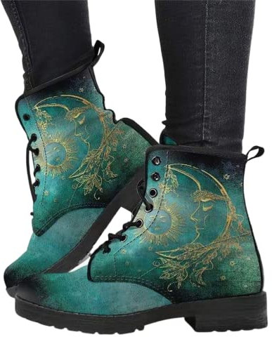 Minetom Damen Gothic Chelsea Boots Frauen Punk Stiefeletten Biker Boots Winter Knöchel Stiefel Mit Blockabsatz Gotisch Drucken Kurze Stiefel A4 Grün 38 EU