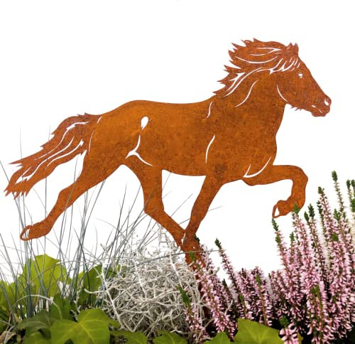 Handgemachter Gartenstecker Isländer – Islandpferd aus Roststahl 30 cm – Metallfigur 45 cm hoch mit Spieß – Pferde Deko für Garten & Hof