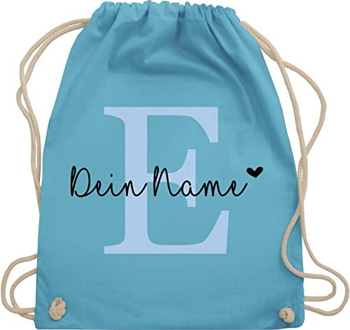 Turnbeutel Rucksack - Name anpassbar Buchstabe Herzchen I Geschenk Initialen - Unisize - Hellblau - sportbeutel+personalisiert+kinder schulkind beutel buchstaben e stoffbeutel turnsack kindergarten