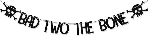 Bad Two The Bone Banner, 2. Geburtstag Party Dekorationen, Rock n Roll Knochen Schädel Zweiter Geburtstag Dekoration, Born to Rock Musik Thema 90er Jahre Geburtstag Party Supplies Schwarz