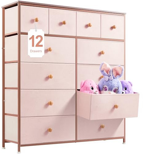 EnHomee Chest of Drawers, 5-Tier 12 Drawers, Tall Chest of Drawers Bedroom, Dressers Fabric Drawers for Bedroom Storage Living Rooms, Closets, Pink