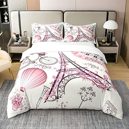 100% Natürliche Baumwolle Eiffelturm Paar Bettbezug 155x220,Rosa Blumen Bettwäsche Set,Romantische Tröster Abdeckung für Mädchen Frauen Paar,Paris Stadtbild Gedruckt Stilvolle Bett mit1 Kissenbezug