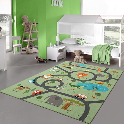 Teppich-Traum Teppich Kinderzimmer Kinderteppich rutschfest waschbar Spielteppich Safari Straße Autos Tiere grün 120 x 160 cm