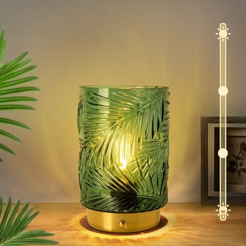 MJ PREMIER Wiederaufladbare Tischlampe Kabellose, Akku LED Tischleuchte mit Touch-Schalter, Dimmbare Tischlampe aus Glas, Dekorative USB Aufladbar Lampe, Notlampe für Stromausfall, (Grün, Mini)
