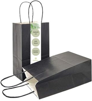DeinPack Papiertüten aus Kraftpapier, Papiertüten mit Henkel, Geschenkverpackung, Geschenktüten, Gastgeschenke Tüten, Mitgebseltüten, Geschenktüten Set - 400 x schwarze Papier Tüten 18 x 8 x 24 cm