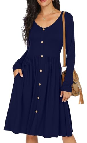 GRECERELLE Womens Long Sleeve Casual Plain Swing Dresses Button Down A-Line Midi Short T-Shirt Dress with Pockets (Navy Blue, XXL)