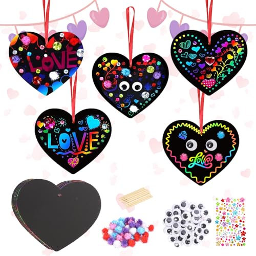 MONCAP 38STK Kratzbilder in Herzform Herz Bastelset Kinder Herz Kratzpapier Muttertag Basteln Kinder Regenbogen Scratch Art Kreative DIY für Mädchen Junge Muttertag Party Deko Mama Geschenke