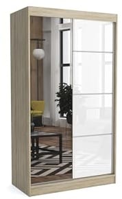 Brent - Kleiderschrank mit Spiegel Suzan, 120cm Breit, Schlafzimmerschrank mit 1 Kleiderstange und Einlegeböden für Kleidung, Kleiderschrank Sonoma Eiche/Weiß Hochglanz
