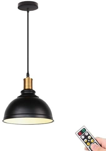 KEFA Black 7.8'' Battery Operated Hanging Light with Remote & Bulb, Non Hardwired Pendant Lights for Kitchen Island, No Wires Ceiling Light Chandelier for Living Room Dinning Table Bedroom Bar Farmhou