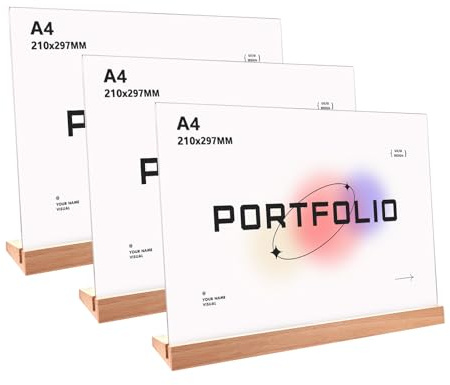 CYEER Lot de 3 Présentoirs de Table A4 Paysage avec Socle en Bois de Hêtre, Support d'Affichage Acrylique Incliné, Porte-Menu DIN A4 pour Restaurant, Bureau, Salons et Événements
