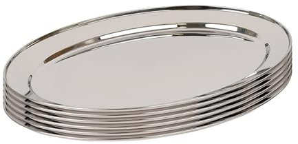 Argon Tableware 40 x 27cm Serving Platters - 6 Pack - Stainless Steel Chrome Dinner Tray Oval Plate Large Appetizer Serving Dishes for Party, Events, Table Service, Snack Platters