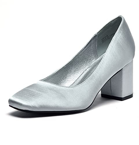GENSHUO Damen Pumps mit Niedrigem Blockabsatz Glatte Klobig High Heels 7 cm/ 2,76 Zoll Arbeitsschuhe mit Eckiger Zehen Frauen Absatzschuhe mit Dicker Absatz, Silber Satin, 37 EU