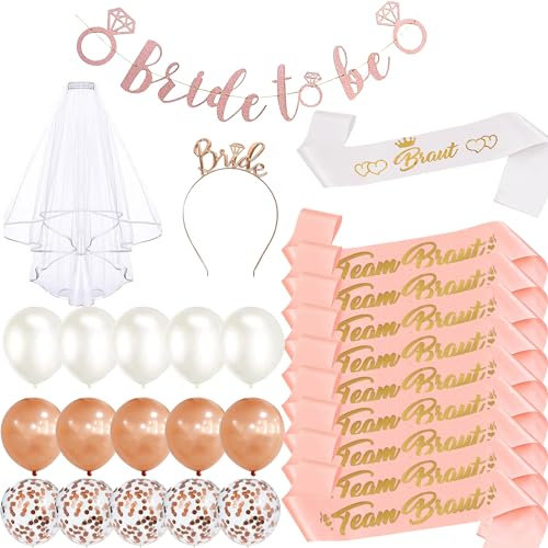 Junggesellenabschied Frauen Bride to Be Schärpe Tiara Schleier Bride to Be Girlande Ballon Rosegold Junggesellenabschied Accessoires JGA Deko Accessoires für Junggesellinnenabschied Hen Party Hochzeit