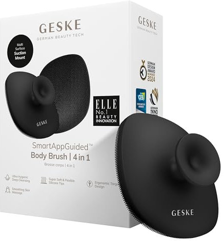 GESKE Body Brush | 4 in 1 | Spazzola detergente per tutto il corpo | Pulizia profonda professionale | Morbide setole in silicone | Design ergonomico per presa a due dita | Deterge/massaggia