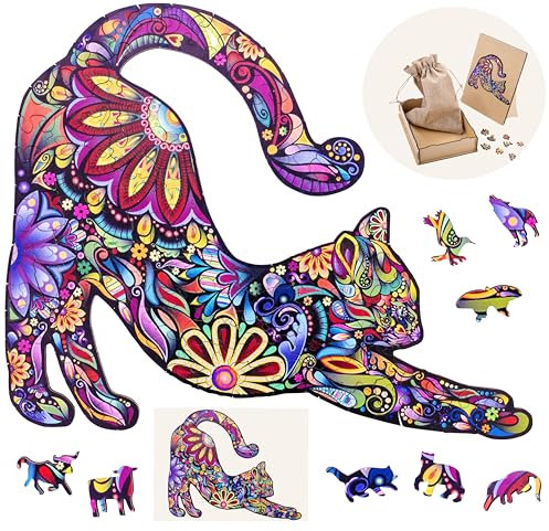 Engelhart - 602100 - Wooden Puzzle Animals: Cat A4 - Unique 59-Pcs Wooden Shape - Adult Puzzle - Family Game - Wooden Gift Box - Ages 12+ - 21 x 29.7 cm