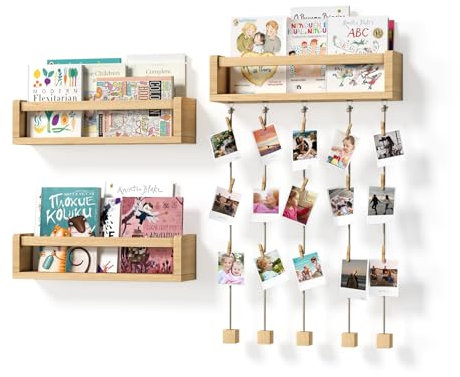 BBLIKE Nursery Book Shelves Set of 3 - Floating Wall Mounted Wood Shelves With Photo Display, Toy Storage for Kids Room, Playroom Decor
