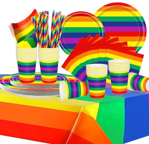 COLANANA Party Supplies,Party Tableware Set,Rainbow Streaks Birthday Decorations Contain Plates Tablecloth Cups Napkins Paper Straws for Baby Shower Birthday Wedding Partys Anniversary(16 Guests)