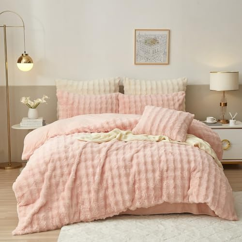 Luofanfei Winter Plüsch Bettwäsche 155x220 Rosa Flauschig Kuschelig Fleece Warme Winterbettwäsche Bettwäsche Set Nicki Microfaser Warm Bettbezug und Kissenbezüge 80x80 mit Reißverschluss Bügelfrei