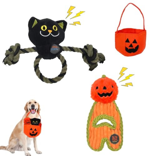 Little Bean 2-Pack Kürbis Hund Quietschen Spielzeug für Halloween - Plüsch Katzen Interaktives Set Mit Tasche für Kleine Mittlere Hunde
