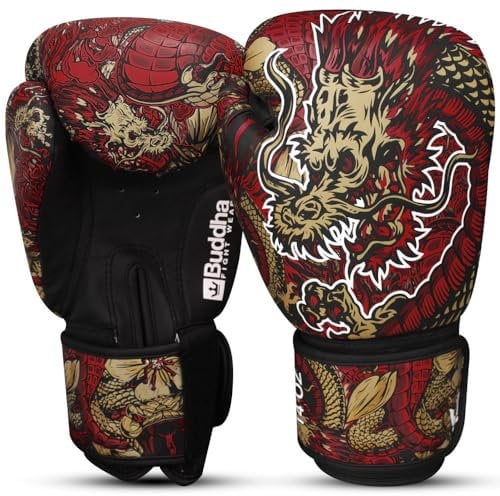 BUDDHA FIGHT WEAR - Guantes de Boxeo Dragon Rojos diseñados para Entrenamientos y Sparring en Muay Thai Kickboxing Fitness - Hombres y Mujeres - 12 oz
