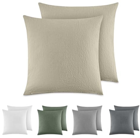 Dreamzie Kissenbezug 80x80 cm 2er Set - 100% Gewaschene Baumwolle, Beige, Kissenbezüge Oeko-TEX Zertifiziert, Leinenoptik und Atmungsaktiv Kissenhülle, Kopfkissenbezug mit Reißverschluss