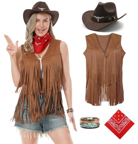Dzorim Cowgirl Kostüm Damen Western Cowgirl Hut Cowboy Outfits Damen Mädchen mit Hat Scarf Wristband für Karneval (Brown, L)