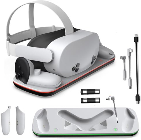 LiLiTok Ladegerät für Meta Quest 3S, Ladestation für Quest 3S VR Headset und Controller, Display-Ständer mit 2 Wiederaufladbaren Batterien, für Quest 3S Zubehör